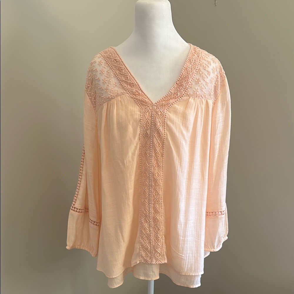 Style & Co. Boho Blouse with Bell Sleeves, Peach, Sz L